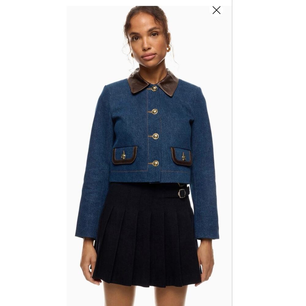 SANDRO Dark Wash Denim Cropped Leather Collar Pocket Gold Button Detail Jacket